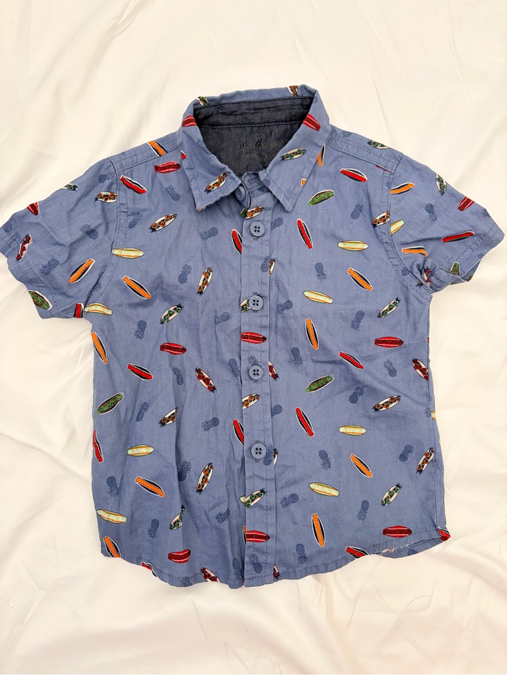 Weatherproof Blue Short-Sleeve Button-Down Shirt with Surfboard Print